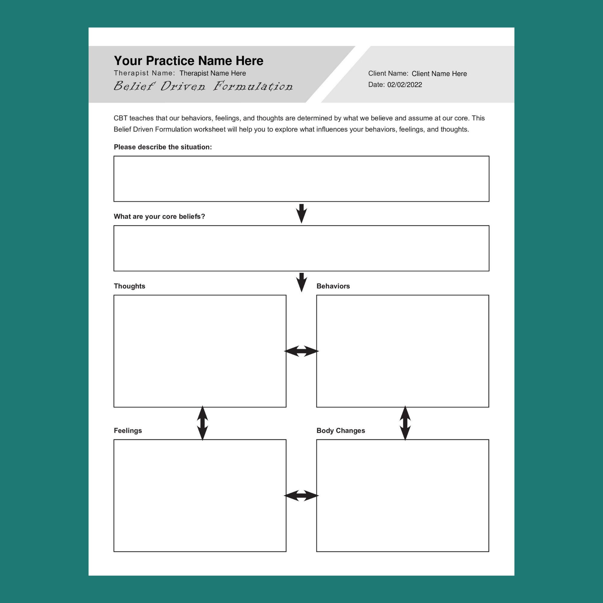 Cbt Belief Driven Formulation Worksheet Editable Fillable Pdf For