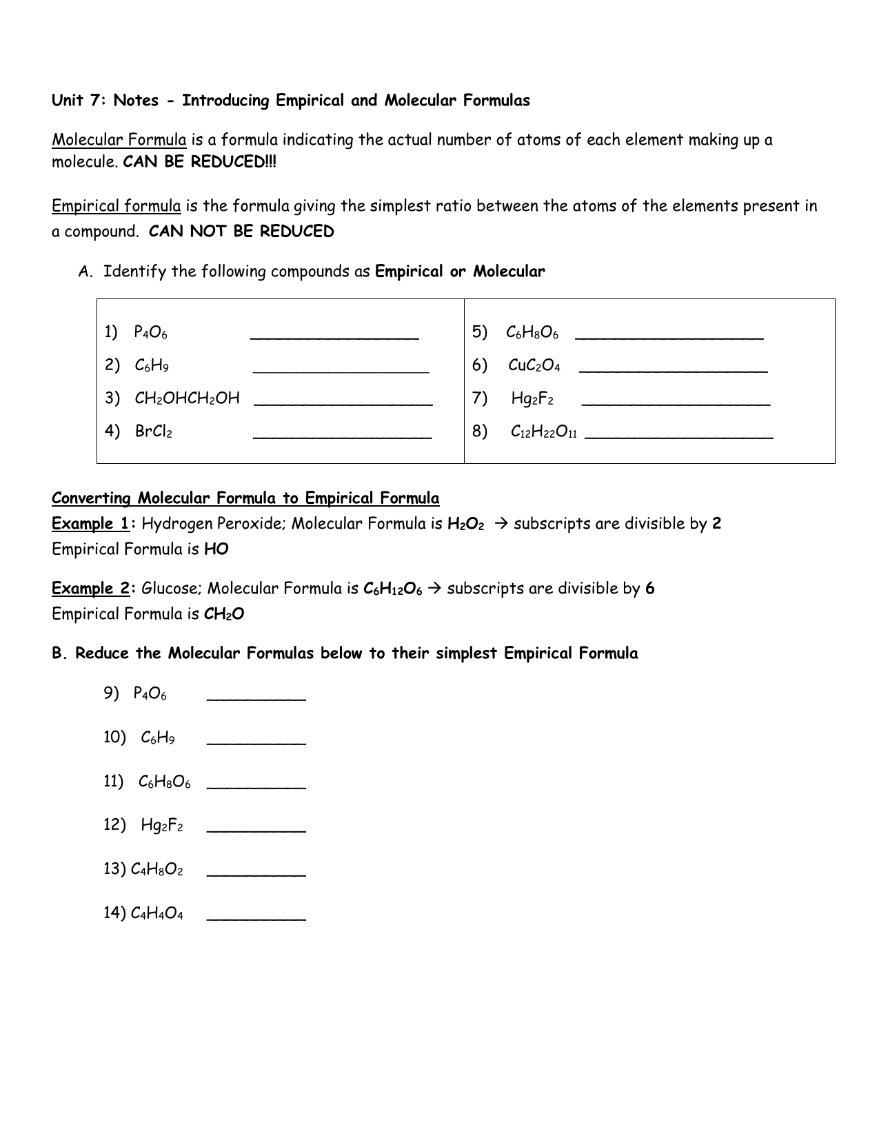 Ch 10 Empirical And Molecular Formula Worksheet