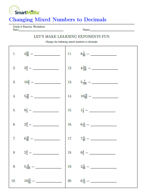 Changing Mixed Numbers To Decimals Smartmathz