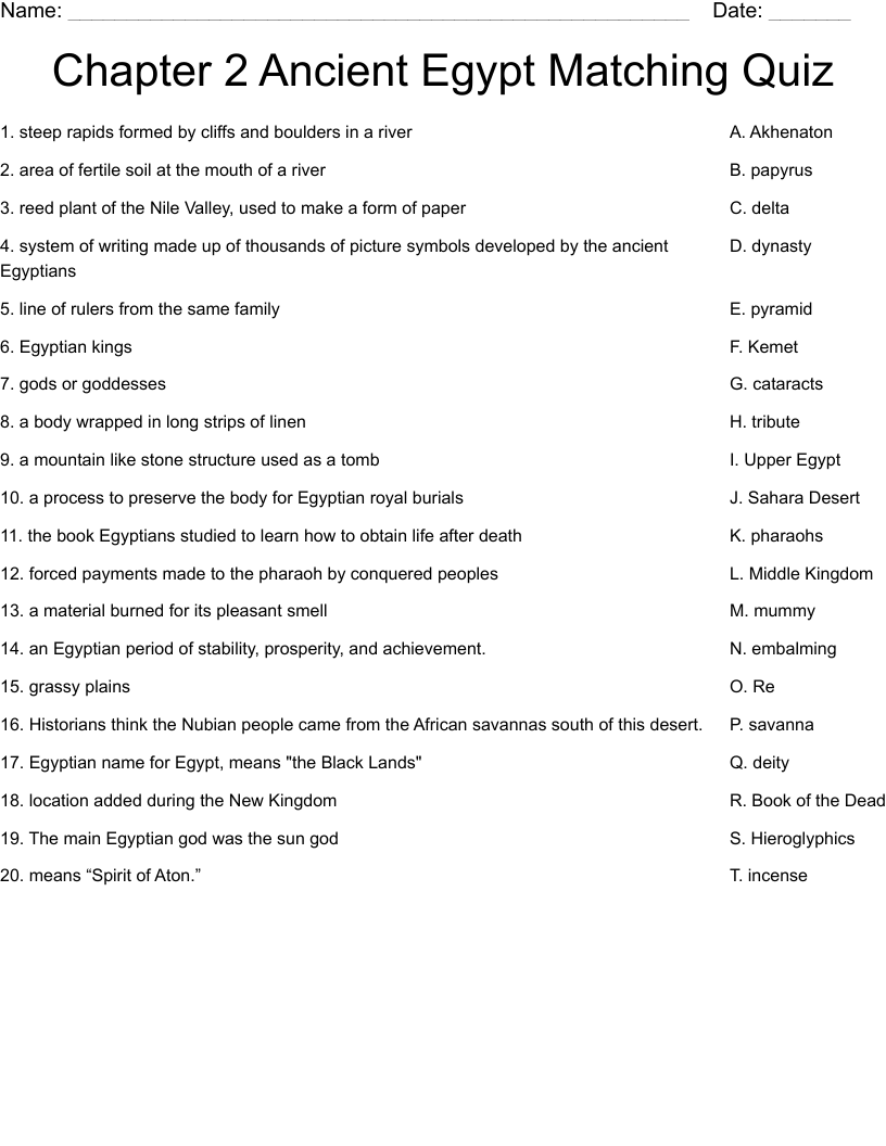 Chapter 2 Ancient Egypt Matching Quiz Worksheet Wordmint