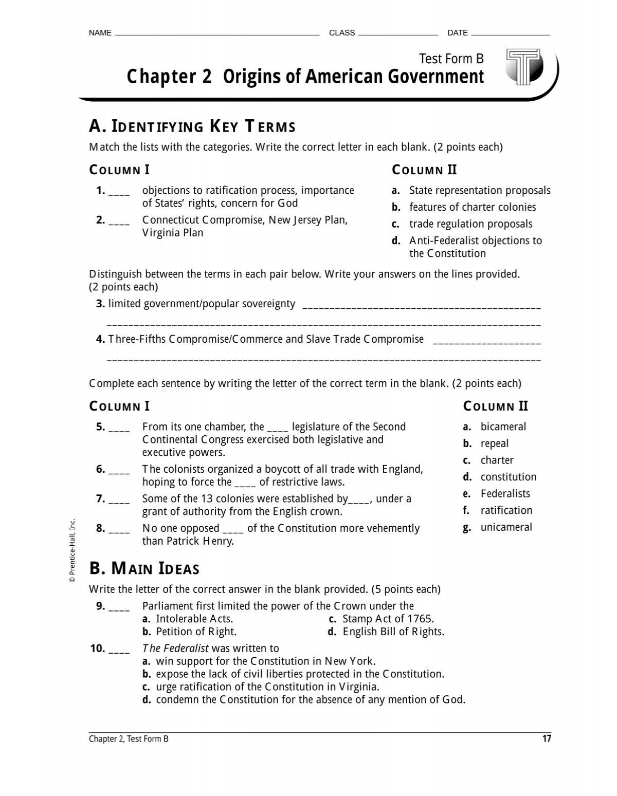 Origins of American Government: Chapter 2 Worksheet Answers