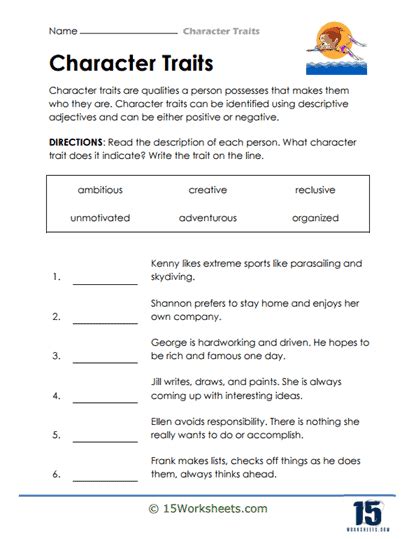 Character Traits Worksheet Grade 3