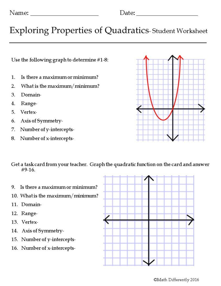 Characteristics Of Quadratic Functions Practice Worksheet A Key