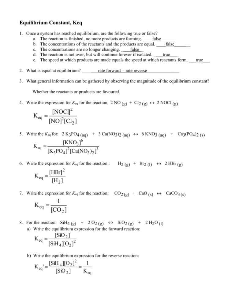 Chemical Equilibrium Worksheet With Answers