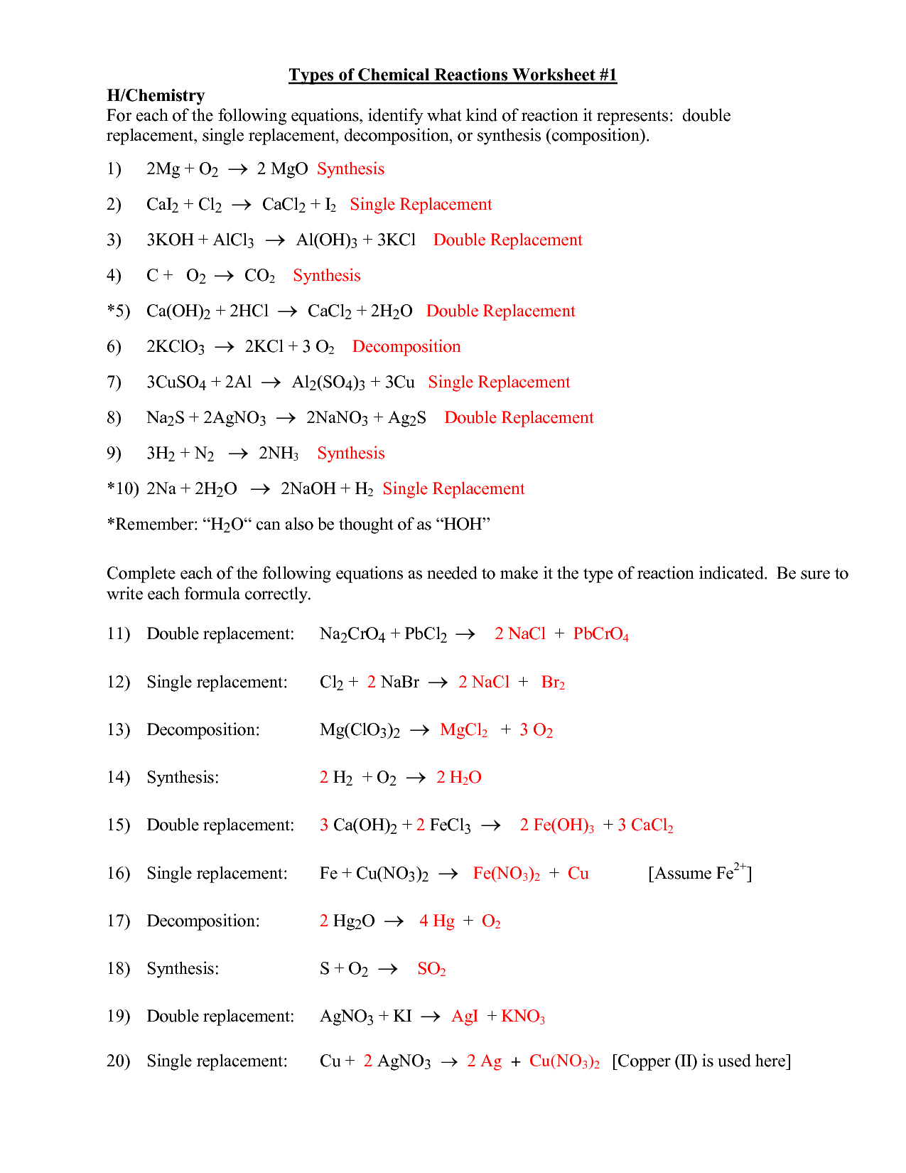 Chemical Reactions Review Color By Answer Worksheet Chemical