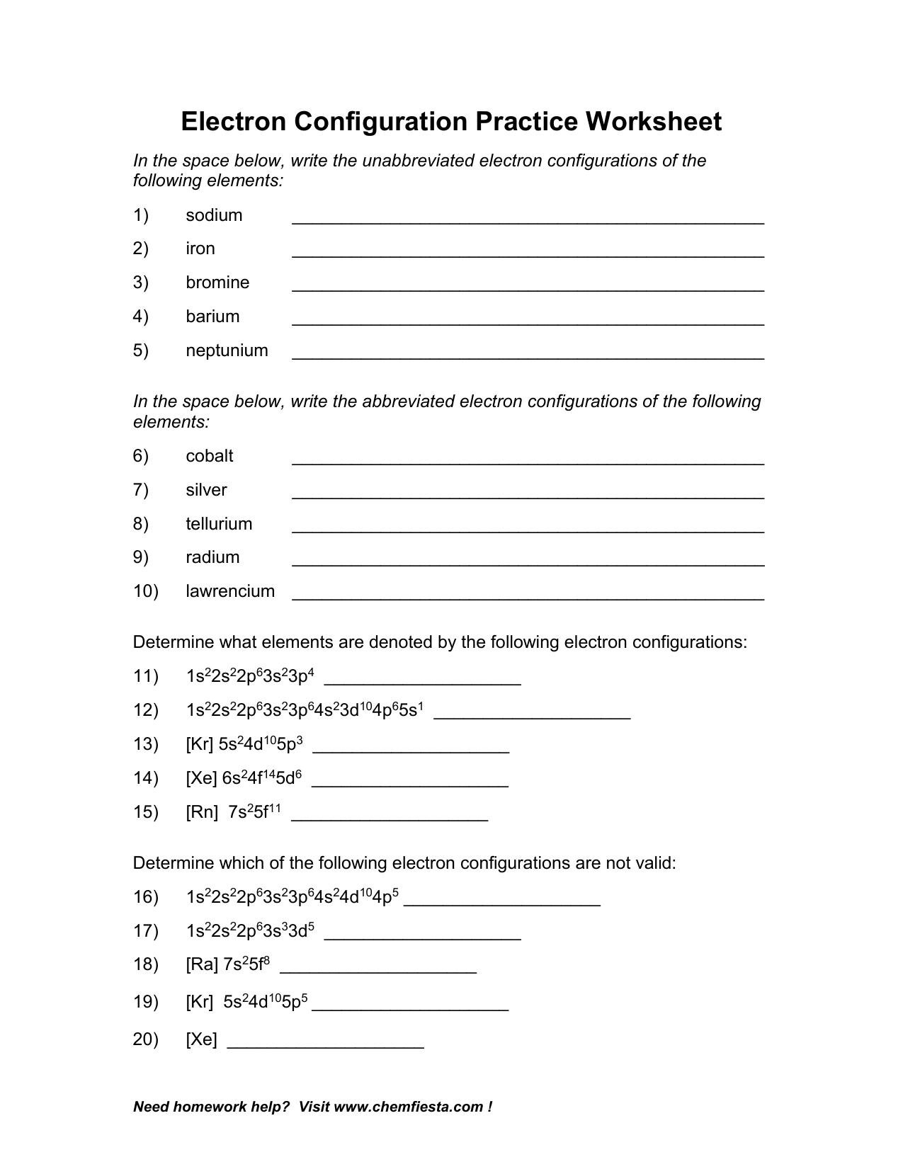 Chemistry Electron Configuration Worksheet Answer Key Electronic