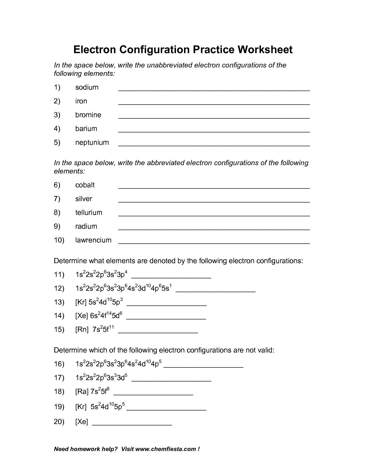 Chemistry Electron Configuration Worksheets Answers