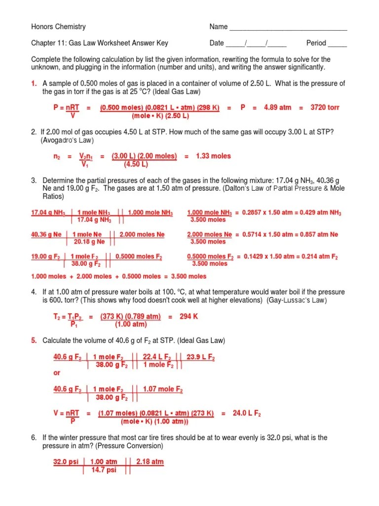 Chemistry Gas Laws Worksheets Answer Key With Work