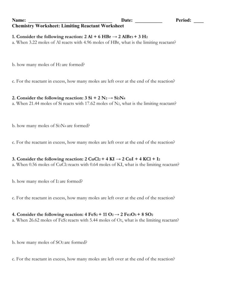 Chemistry Limiting Excess Reactants Worksheet 2 By Science In C102