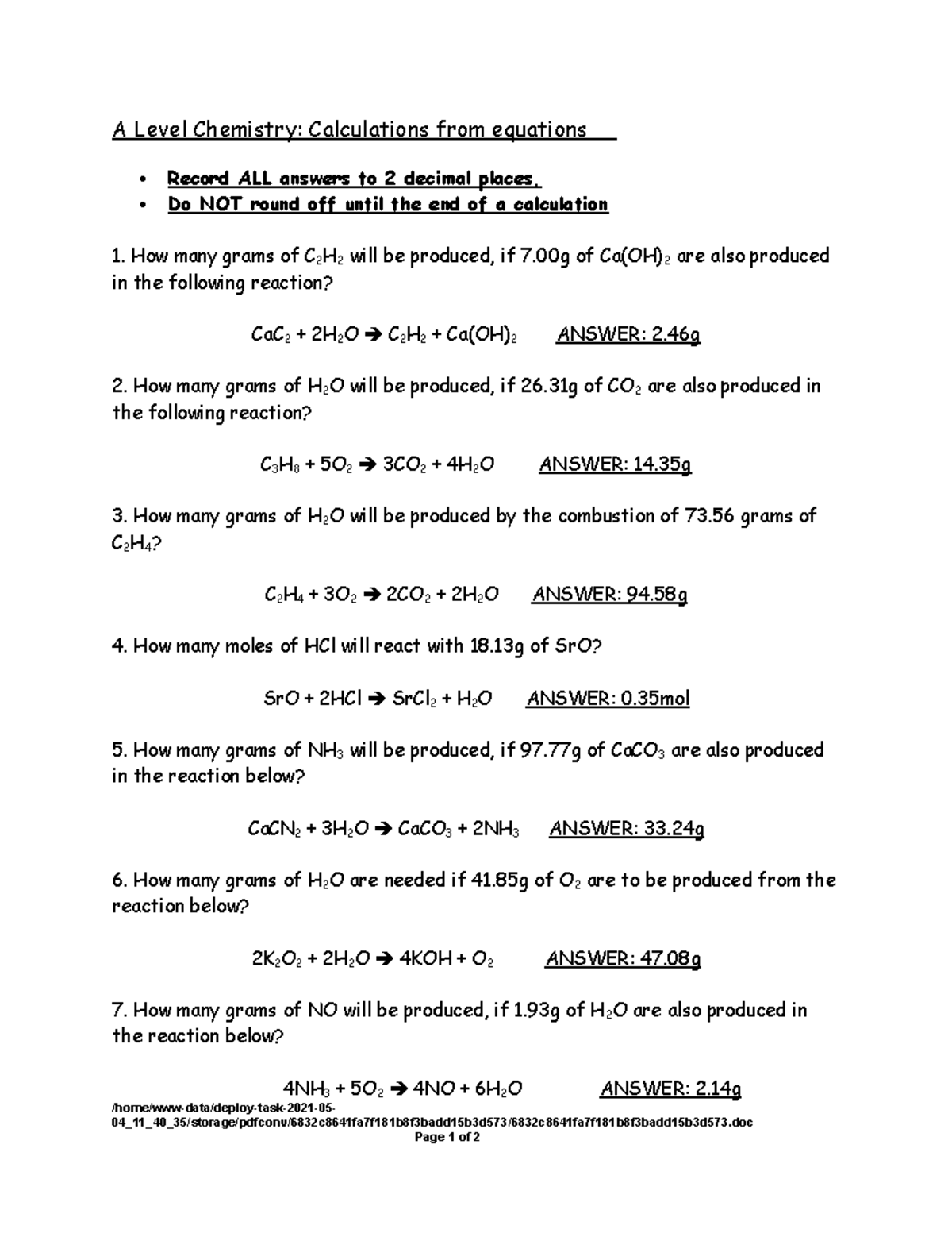 Chemistry Mole Calculation Worksheet Interactive Worksheet