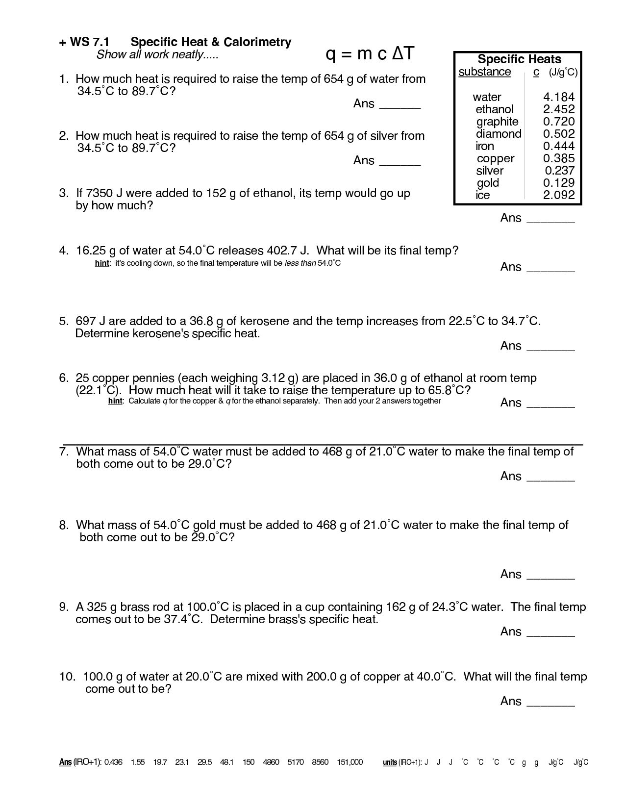 Chemistry Specific Heat Worksheet: Master Your Skills Easily