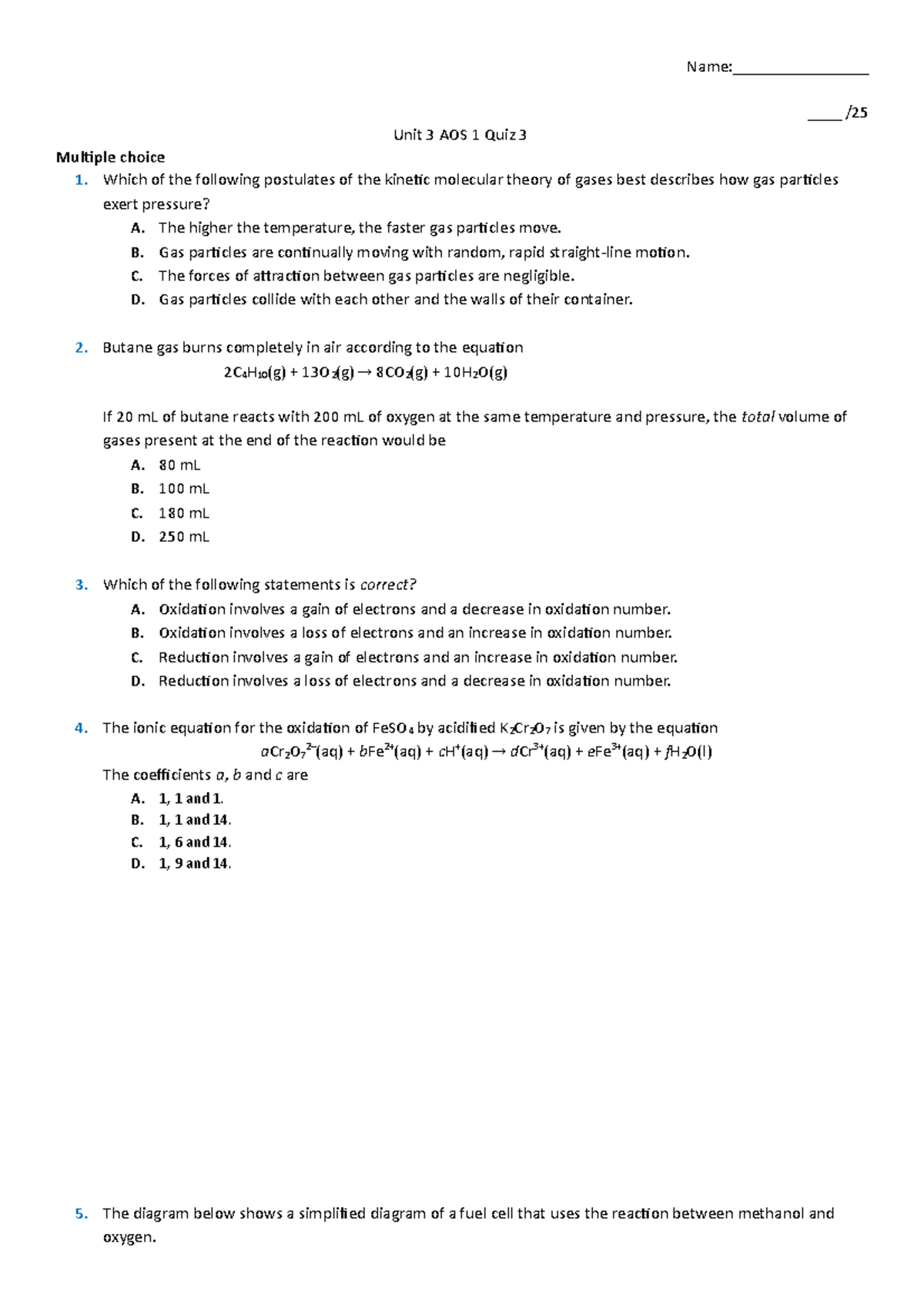 Chemistry Unit 3 Quiz 1