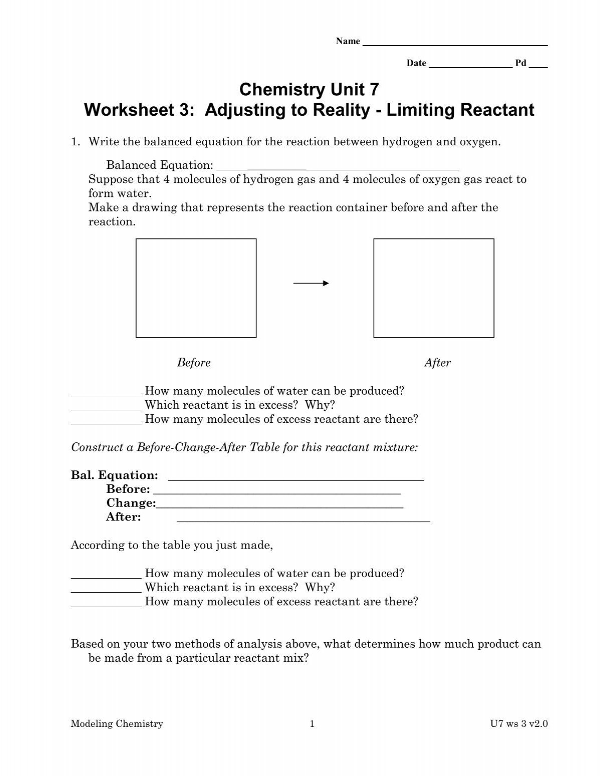 Chemistry Unit 7 Worksheet 3 Adjusting To Reality Limiting Reactant