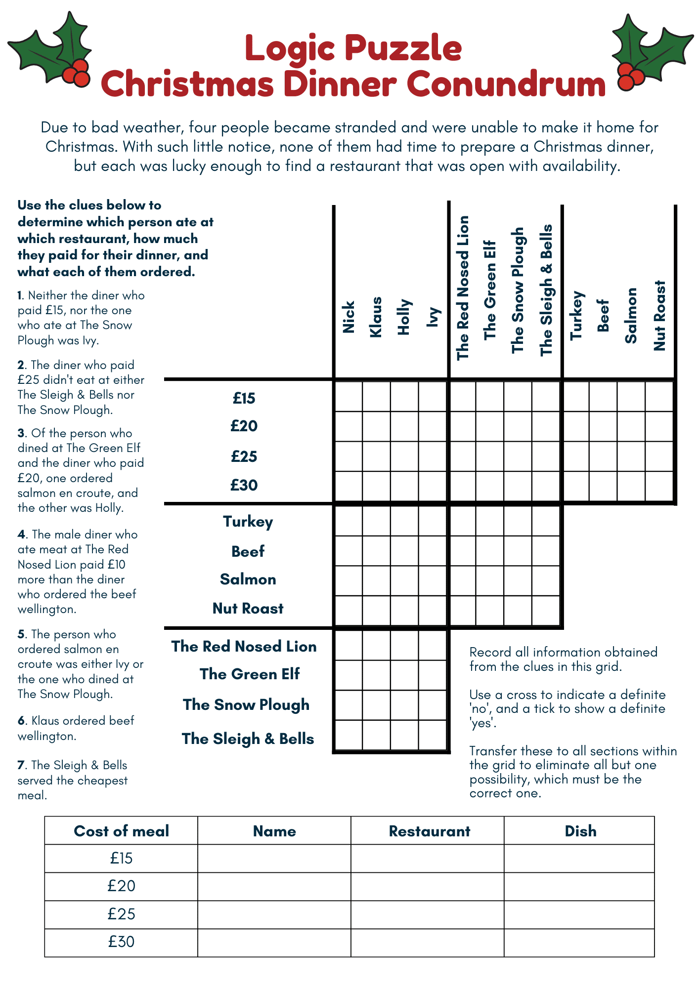 Christmas Logic Puzzle Printable Printable Logic Puzzles