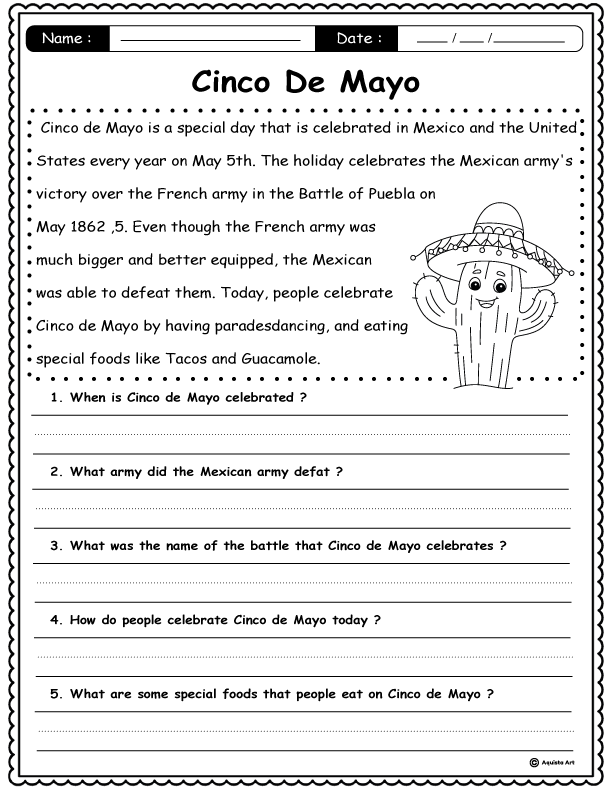 Cinco De Mayo Reading Comprehension For Kids Fun Educational