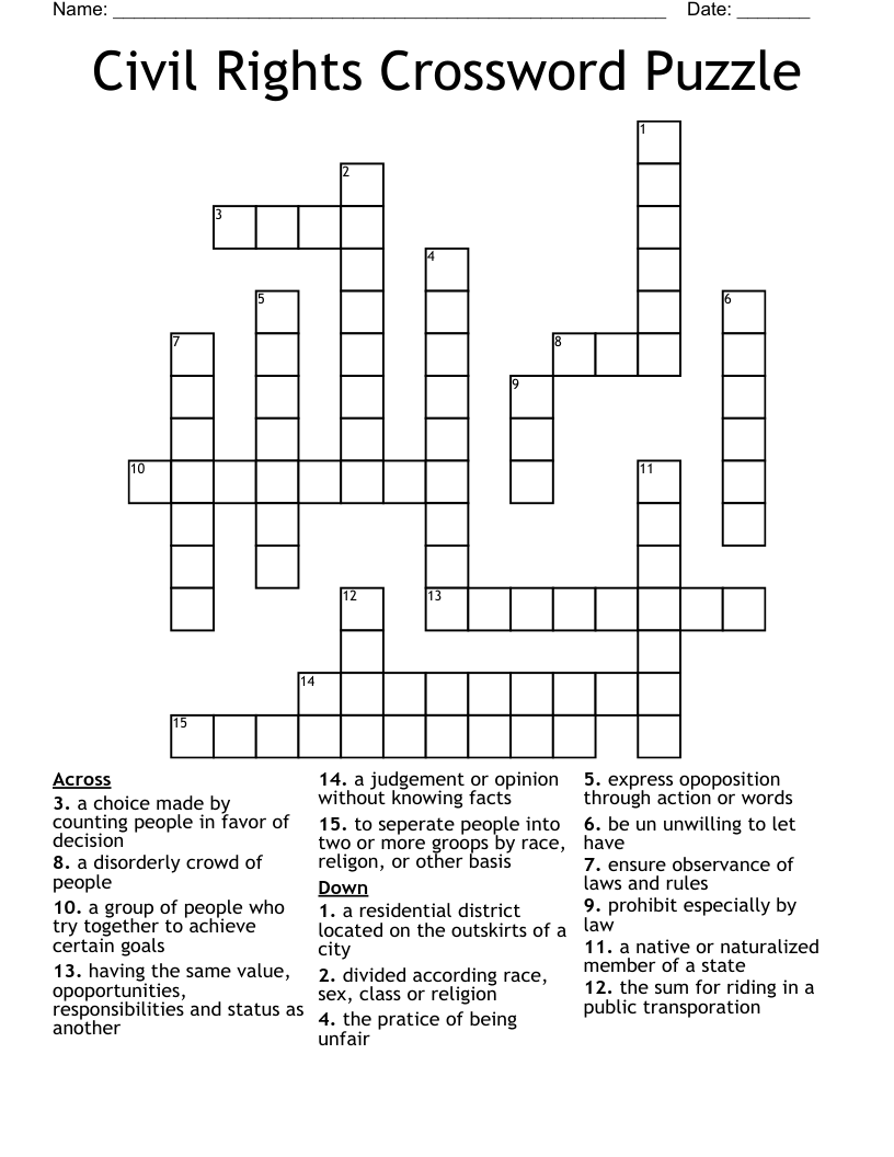 Civil Rights Crossword Puzzle And Key 16 Terms And Clues By History