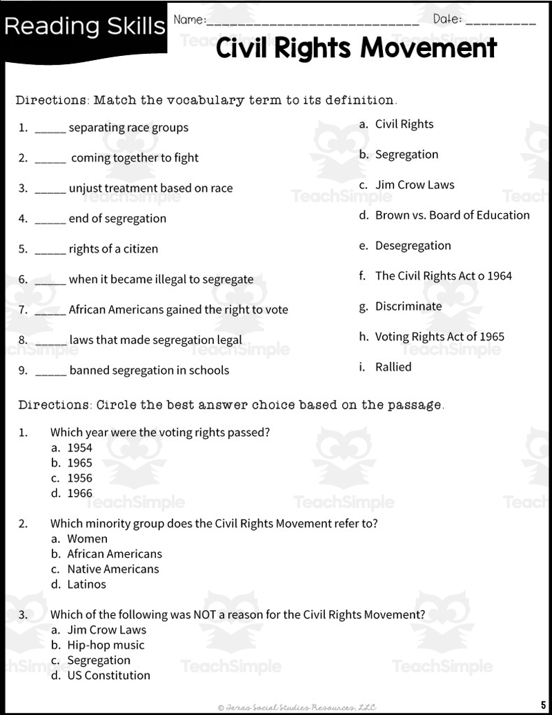 Civil Rights Movement 5Th Grade Reading Packet By Teach Simple