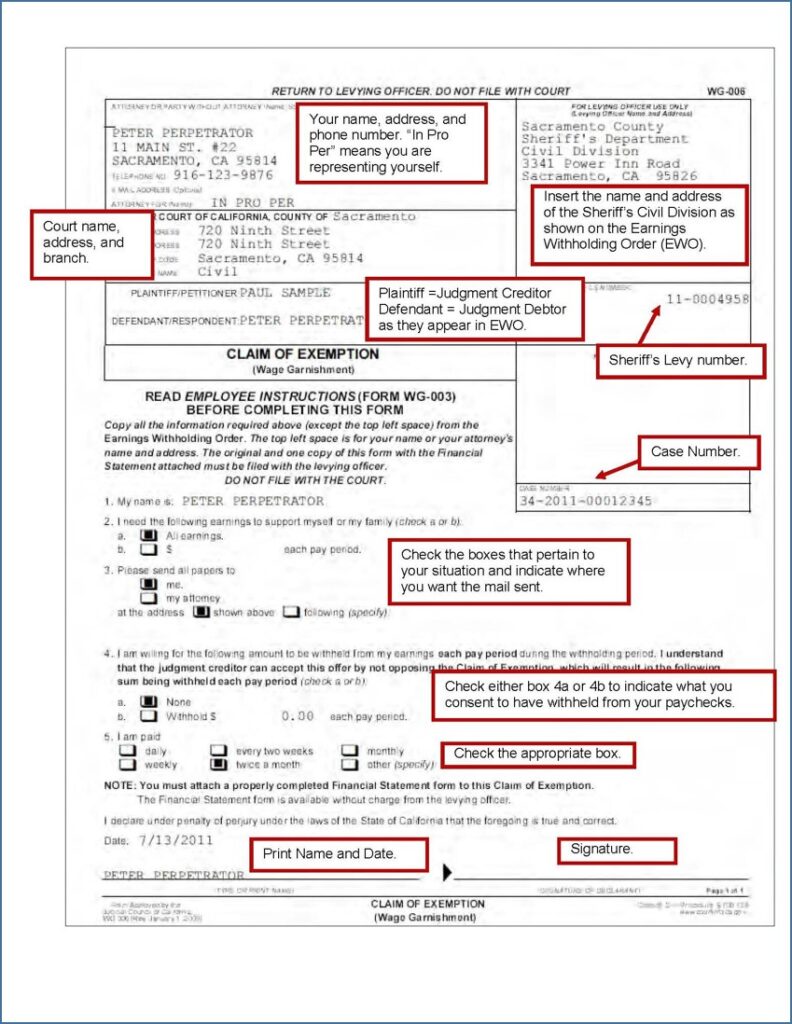 Claim Of Exemption For Wage Garnishment