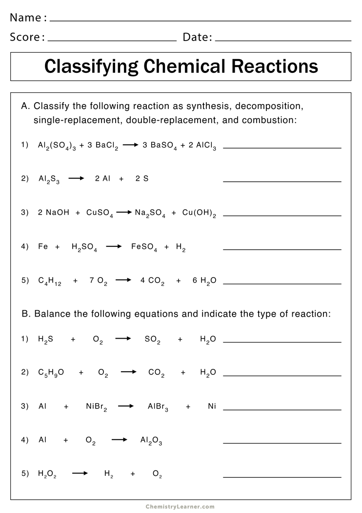 Classifying Chemical Reactions Worksheets Answer Key