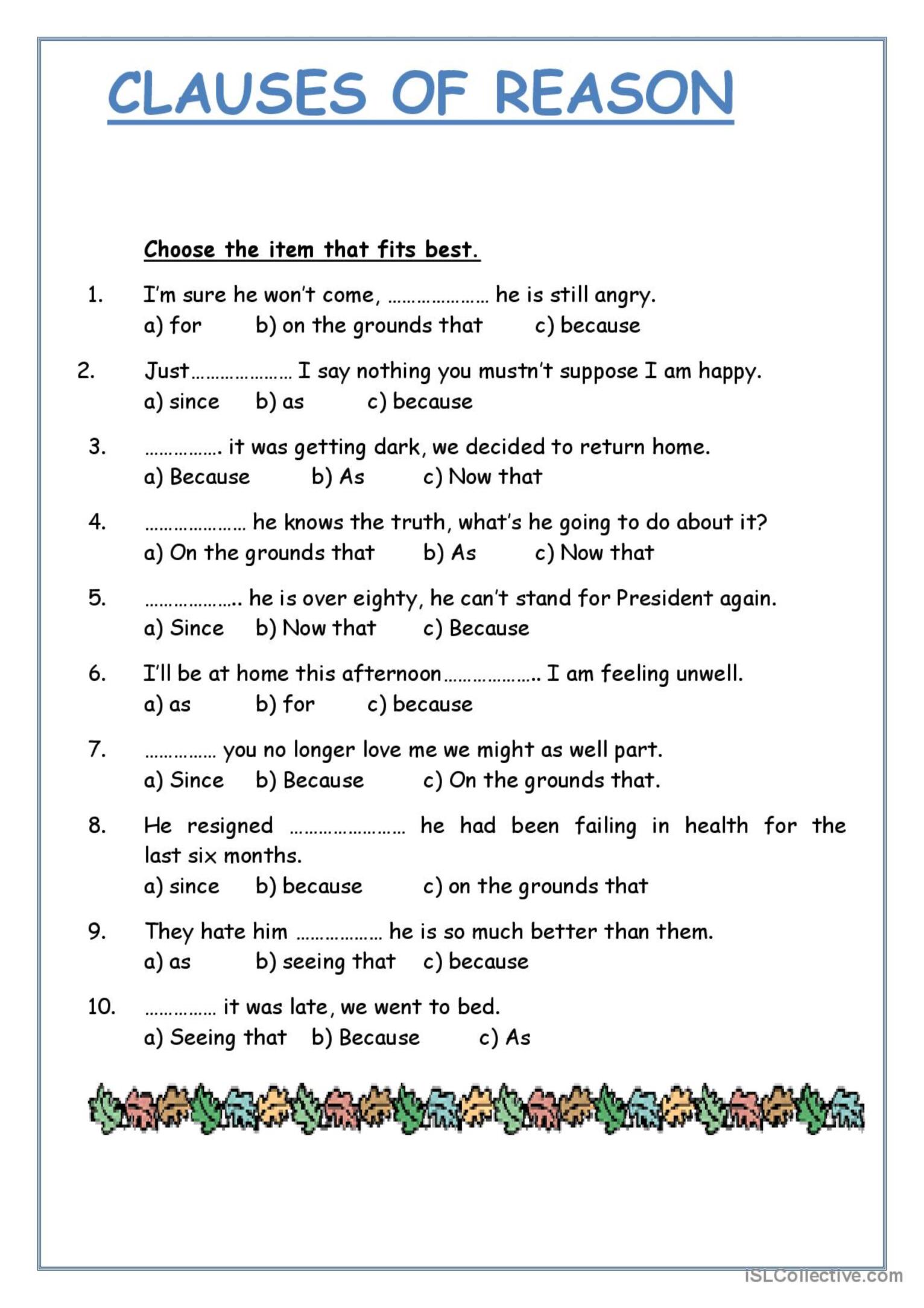 Clauses Of Reason Worksheet Linking Words Grammar Worksheets