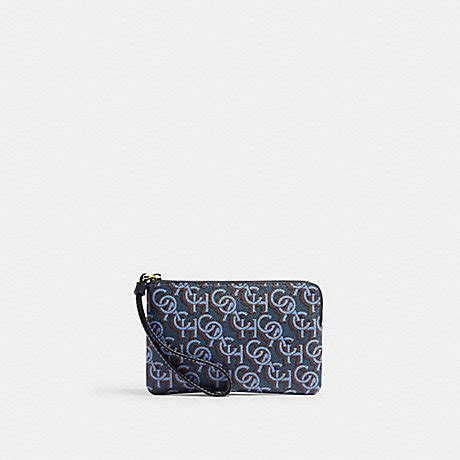 Coach Cf548 Corner Zip Wristlet With Signature Monogram Print Gold Navy Coach Accessories