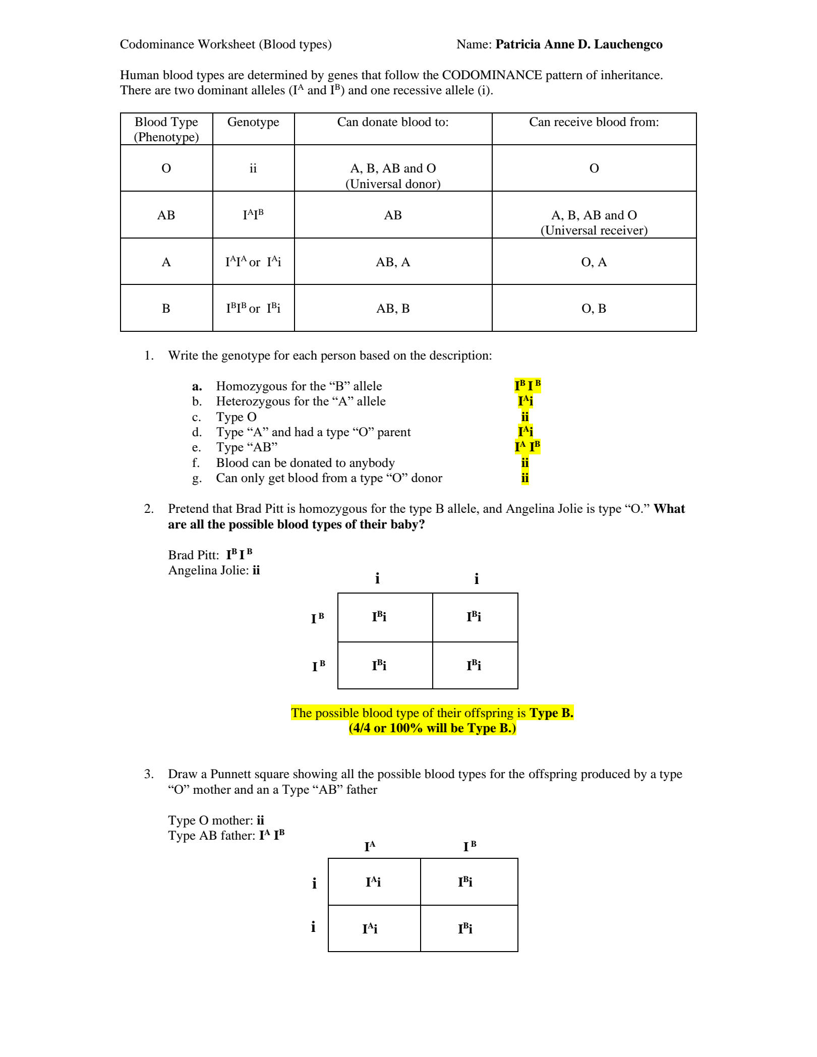 Codominance Blood Types Worksheet Key