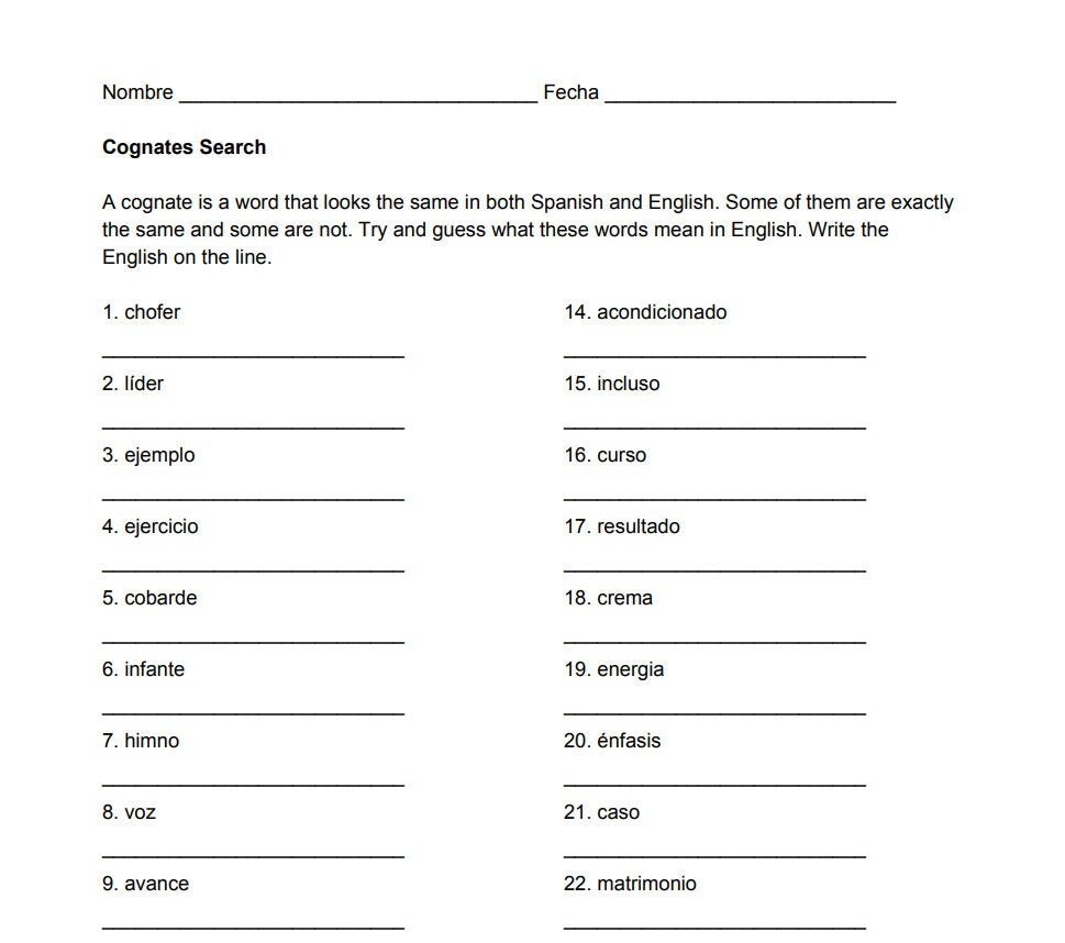 Cognates Spanish Worksheet Free