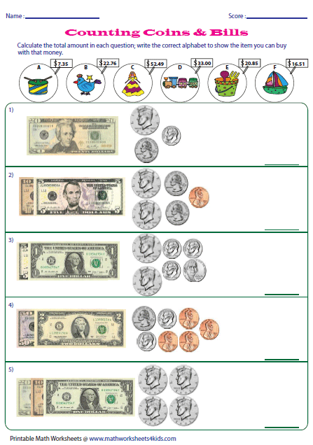 Coins And Bills Worksheets