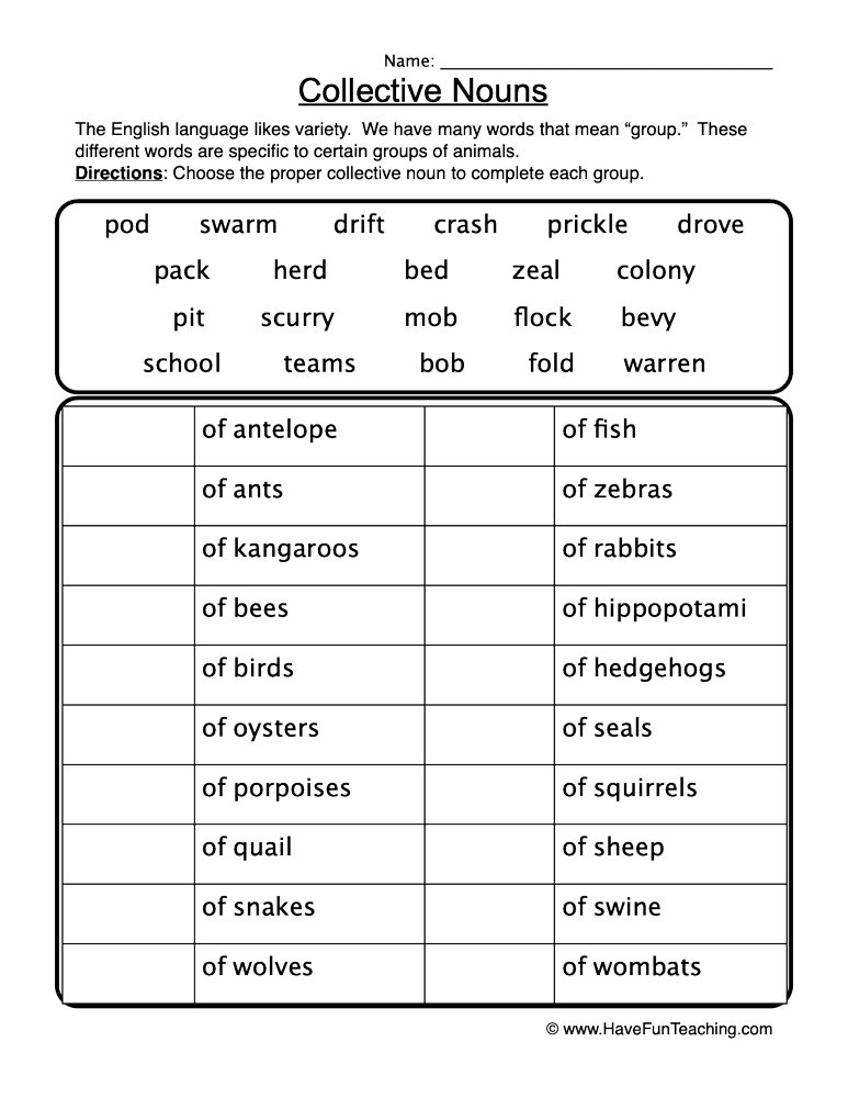 Collective Nouns For Animals Worksheet