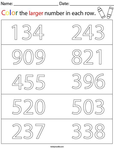 Color The Larger Number 3 Digit Math Worksheet Twisty Noodle