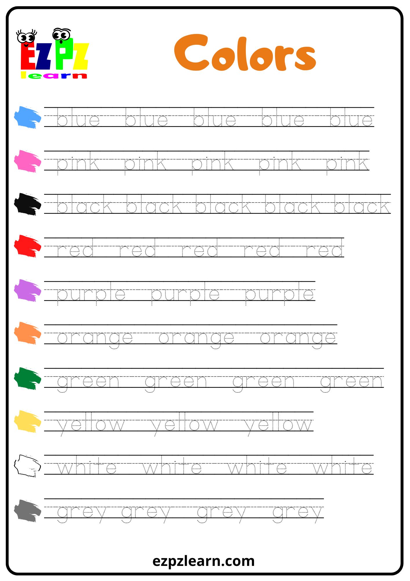 Colors Word Tracing Worksheet Ezpzlearn Com