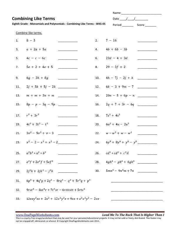 Combining Like Terms Integer Coefficients