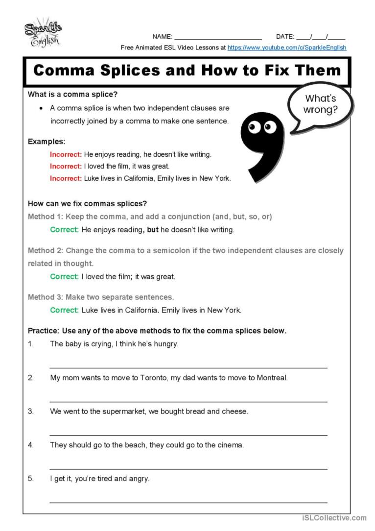 Comma Splice Practice Worksheet By Relentless Innovation Tpt