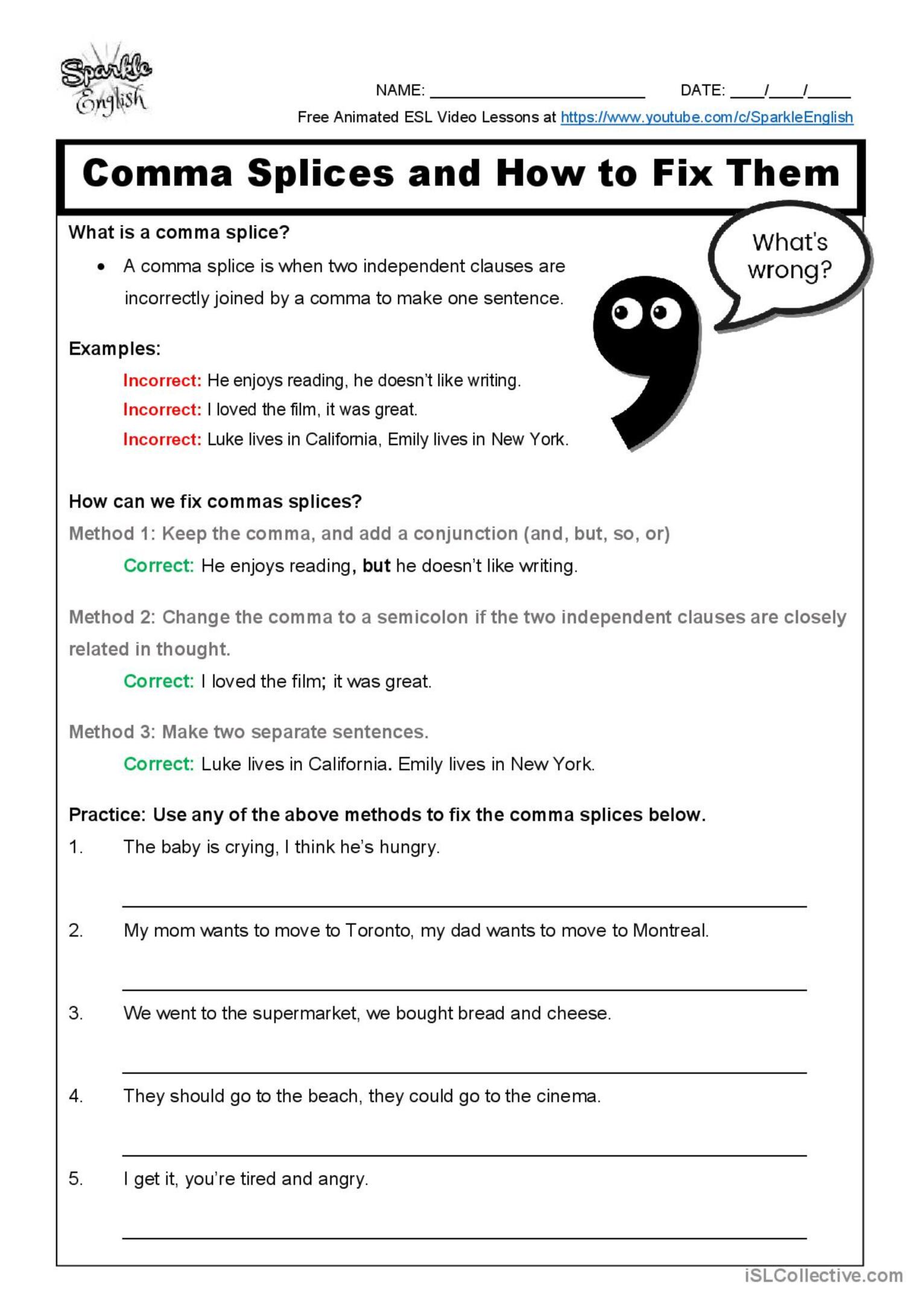 Comma Splices Lesson Plans Amp Worksheets Lesson Planet