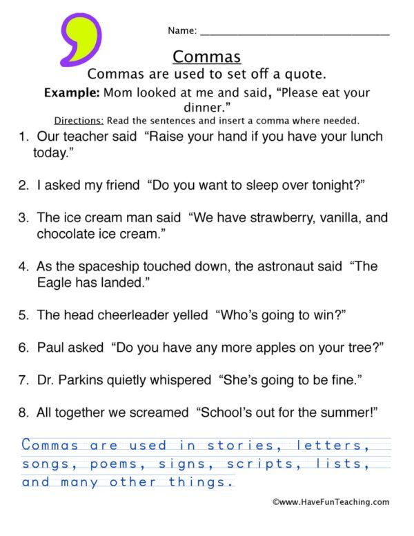 Commas In A Series Worksheet Education Com