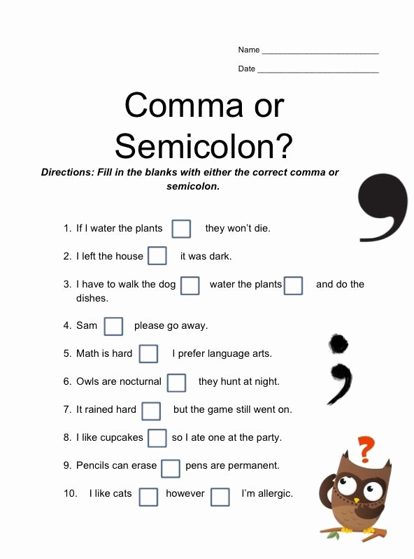 Commas Or Semicolons Worksheet 1 Answers Db Excel Com