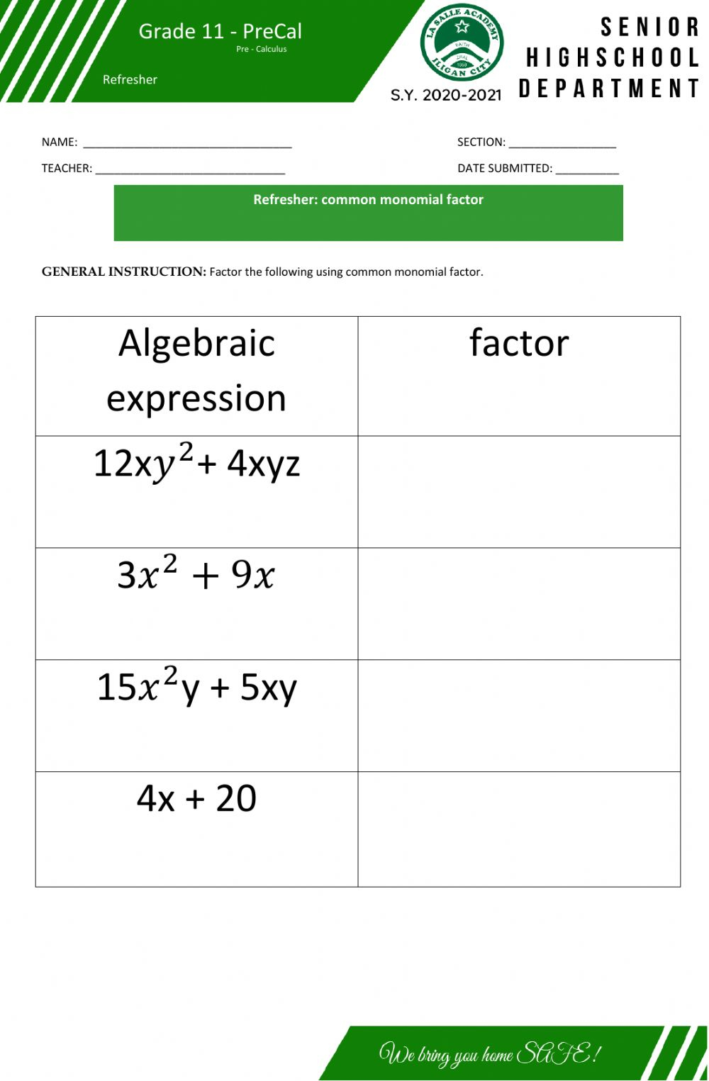 Common Monomial Factoring Worksheet Commonworksheets Com