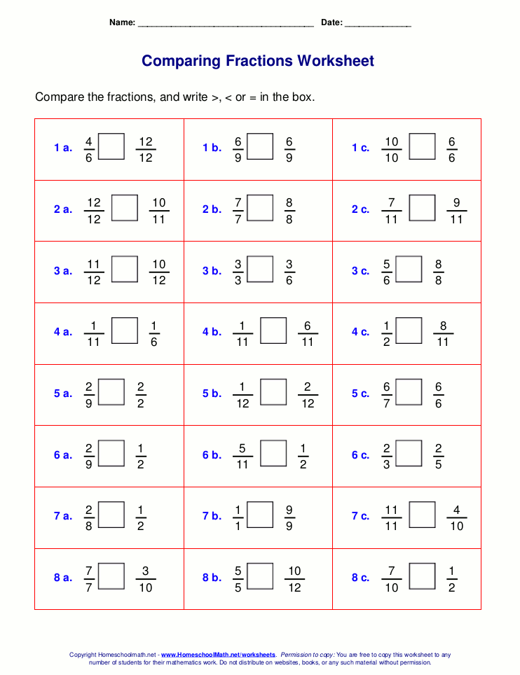 Compare Fraction Worksheet