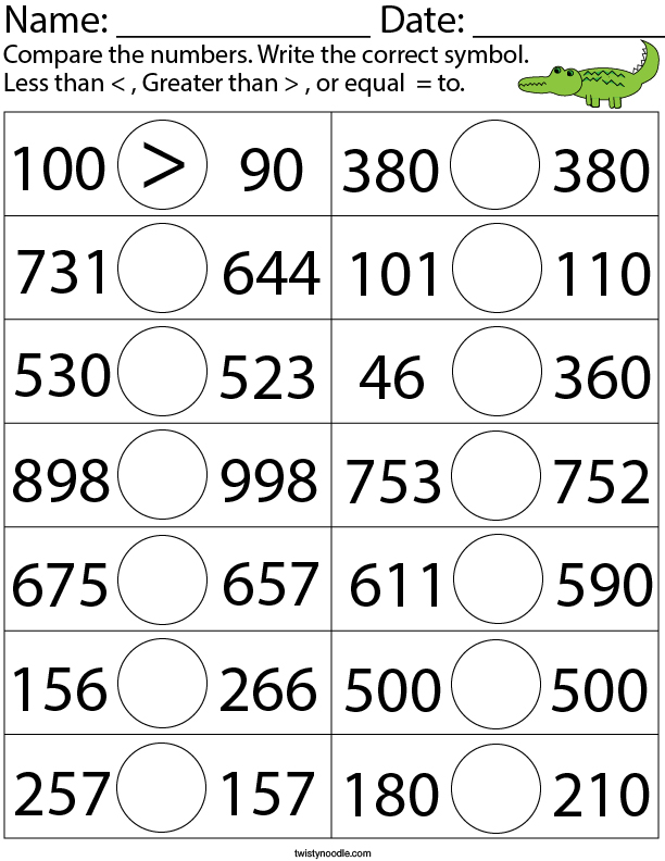 Comparing 3 Digit Numbers Worksheet For Kids