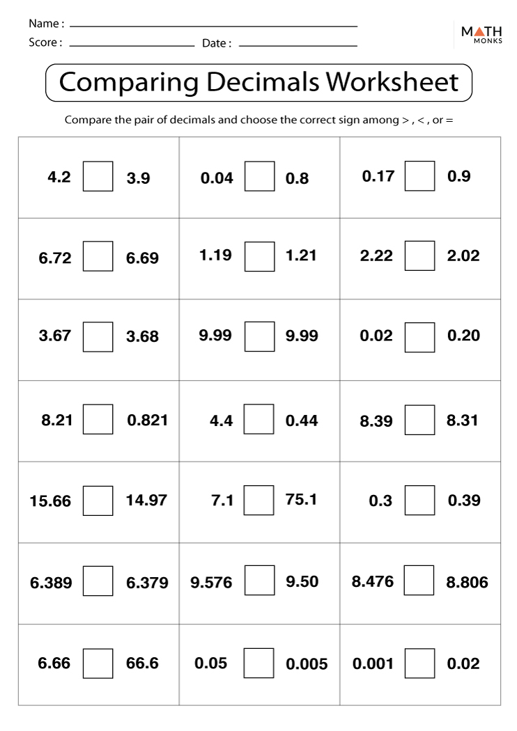 Comparing And Ordering Decimals Worksheet Free Printable Pdf