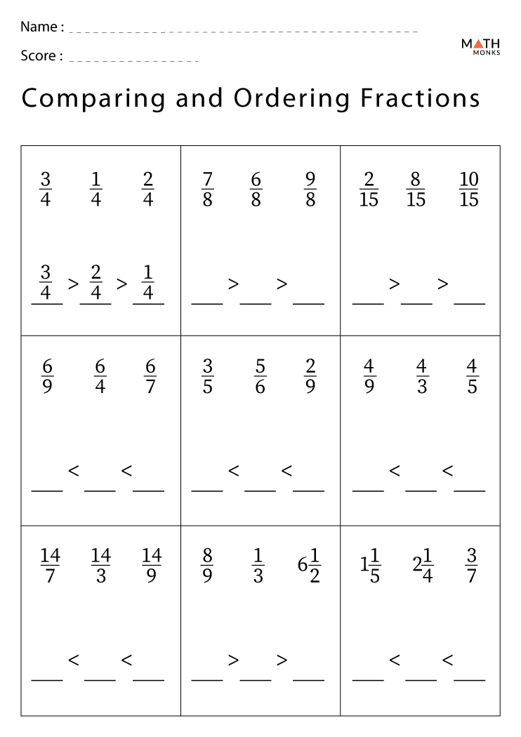 Comparing And Ordering Fractions Worksheets