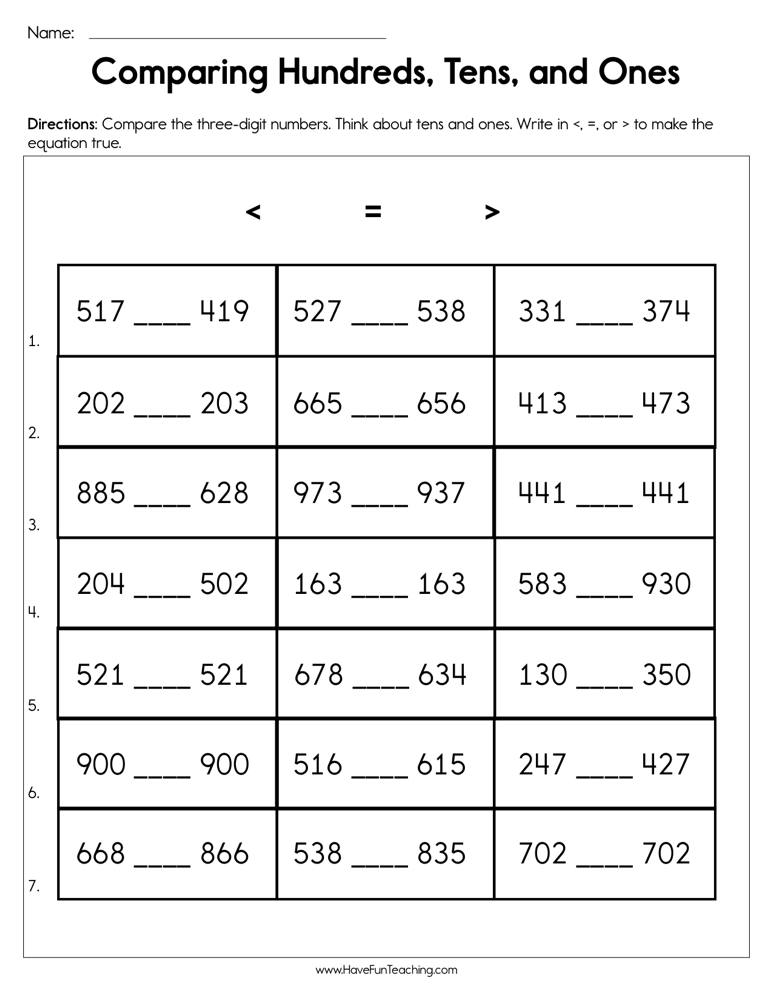 Comparing Hundreds Tens And Ones Worksheet Have Fun Teaching Tens And Ones Worksheets