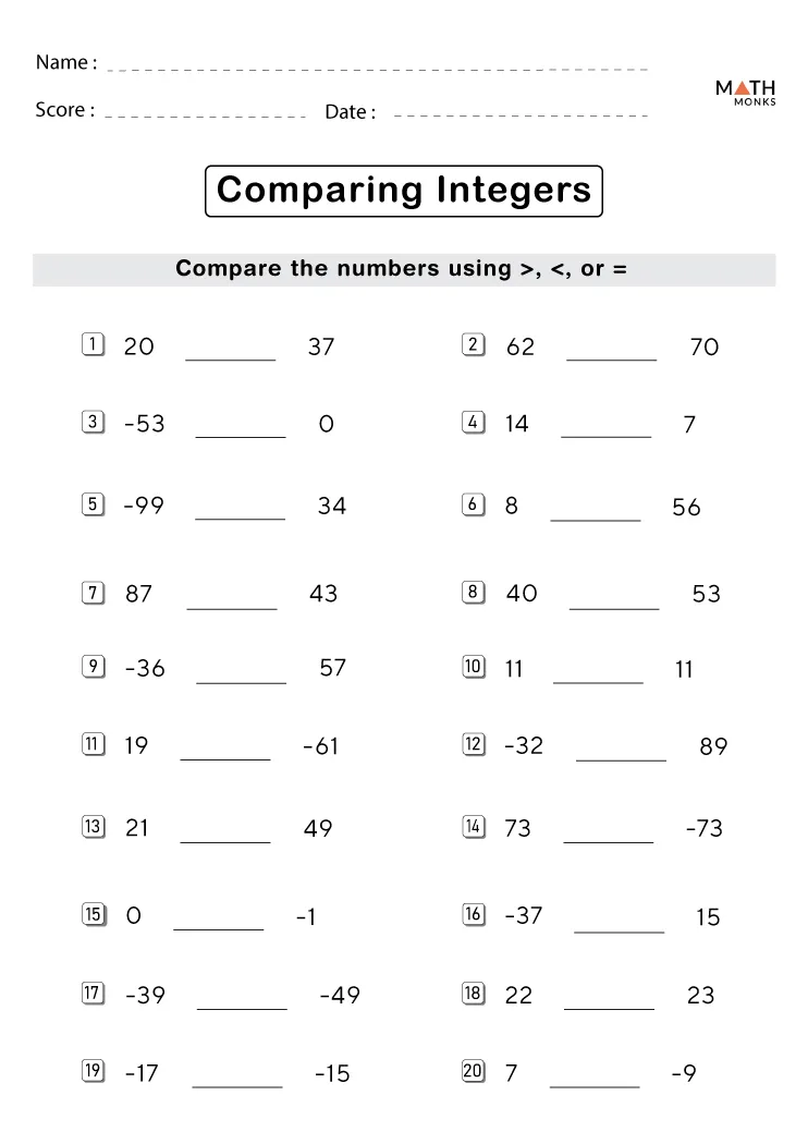 Comparing Integers Worksheet 7Th Grade Kidsworksheetfun