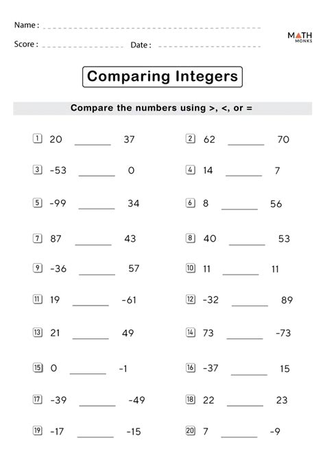 Comparing Integers Worksheet