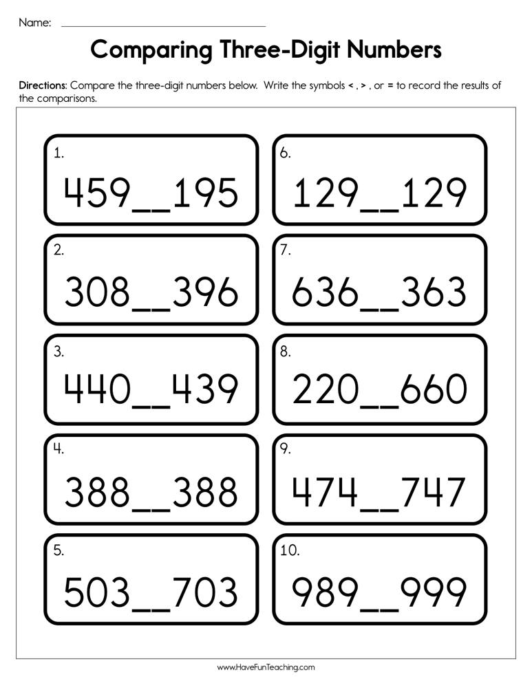 Comparing Numbers 3 Digits Worksheet