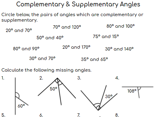 Complementary and Supplementary Angles Practice Sheet