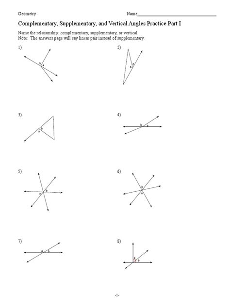 Complementary Supplementaryand Vertical Angles Practice Part I Pdf Angle Geometry