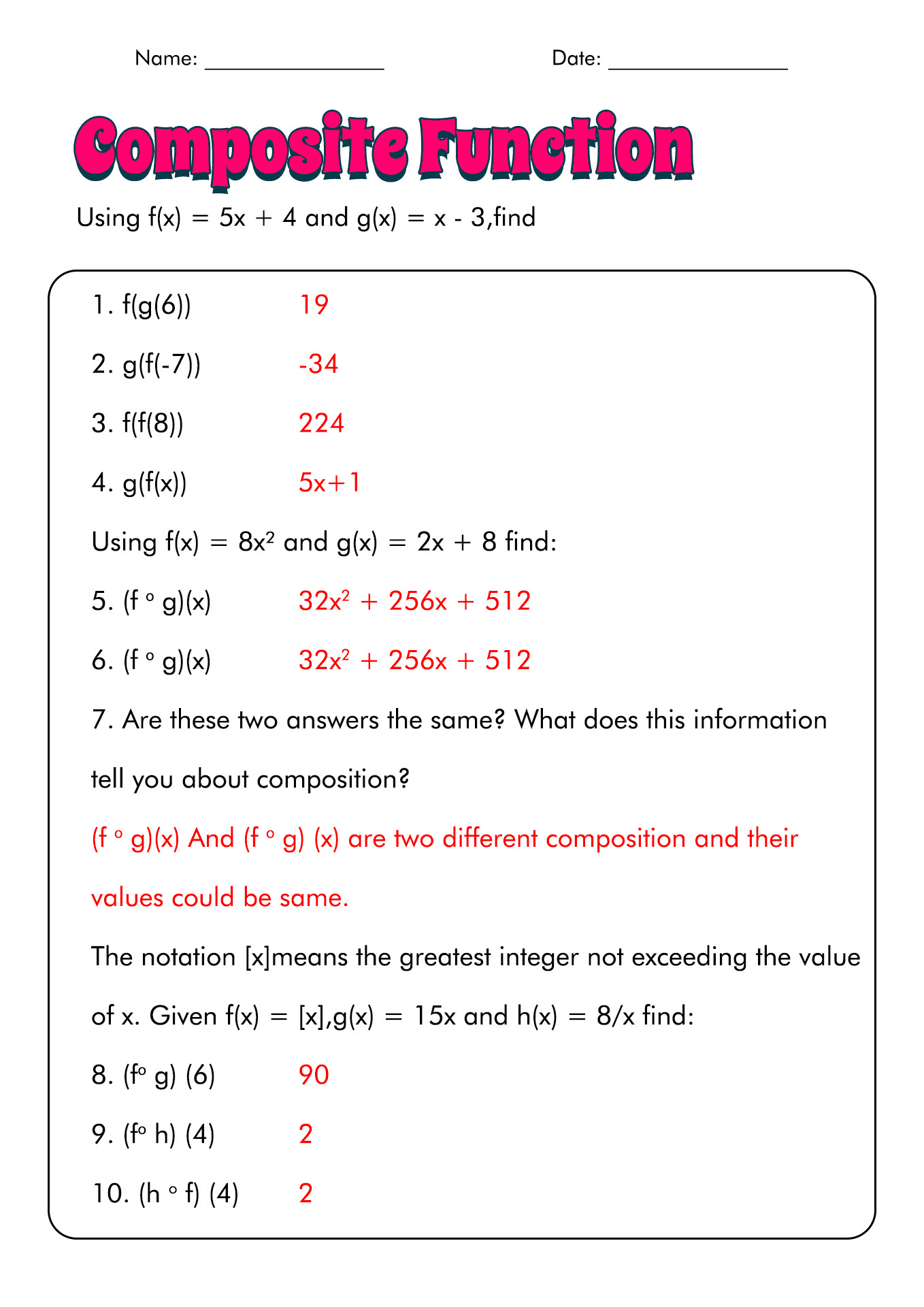 Composite Functions Worksheet With Answers Pdf Thekidsworksheet