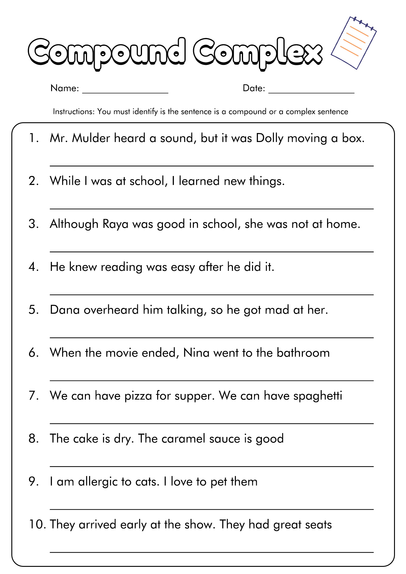 Compound Complex Sentence Worksheet 7Th Grade