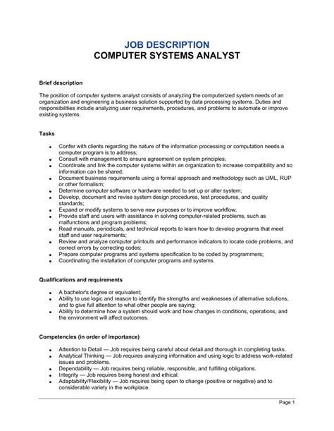 Computer System Analyst Job Description Template By Business In A Box